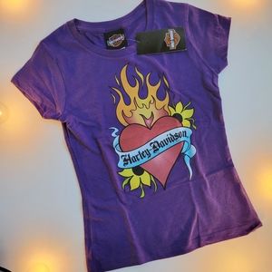 Harley Davidson Burning Heart Purple T-Shirt Youth Size X-Small 3/4